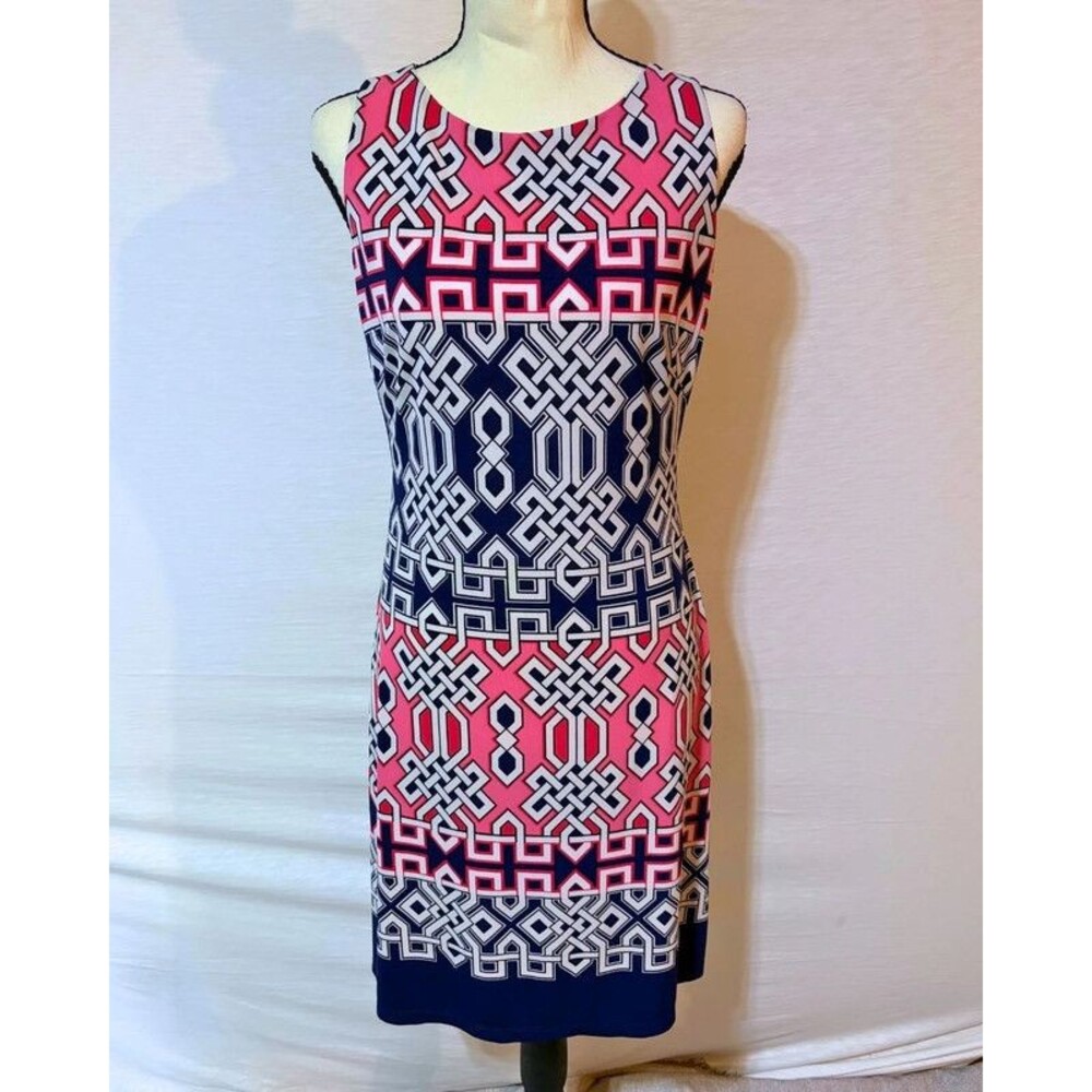 American Living Navy Pink Geometric Knit Sheath Dress Size 4 Sleeveless